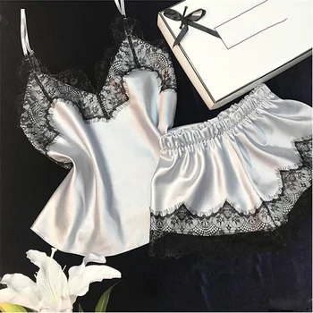 Women Sexy Lace Sleeveless Strap Pajamas Set Room Wear Sleepwear Nightwear Trim Satin Tops and Shorts Night Gowns Outfits 
Women Sexy Lace Sleeveless Strap Pajamas Set Room Wear Sleepwear Nightwear Trim Satin Tops and Shorts Night Gowns Outfits