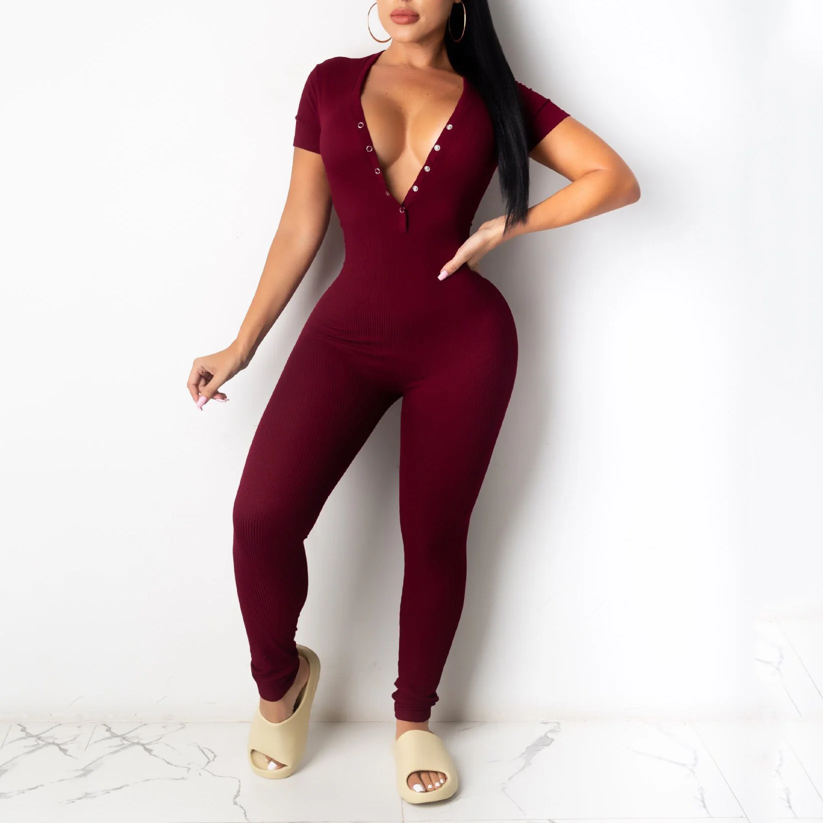 

2020 New Bodycon Jumpsuits Deep v Neck Burgundy Long Pants High Waist Sheath Elegant For Evening Party Night Rompers & Jumpsuits