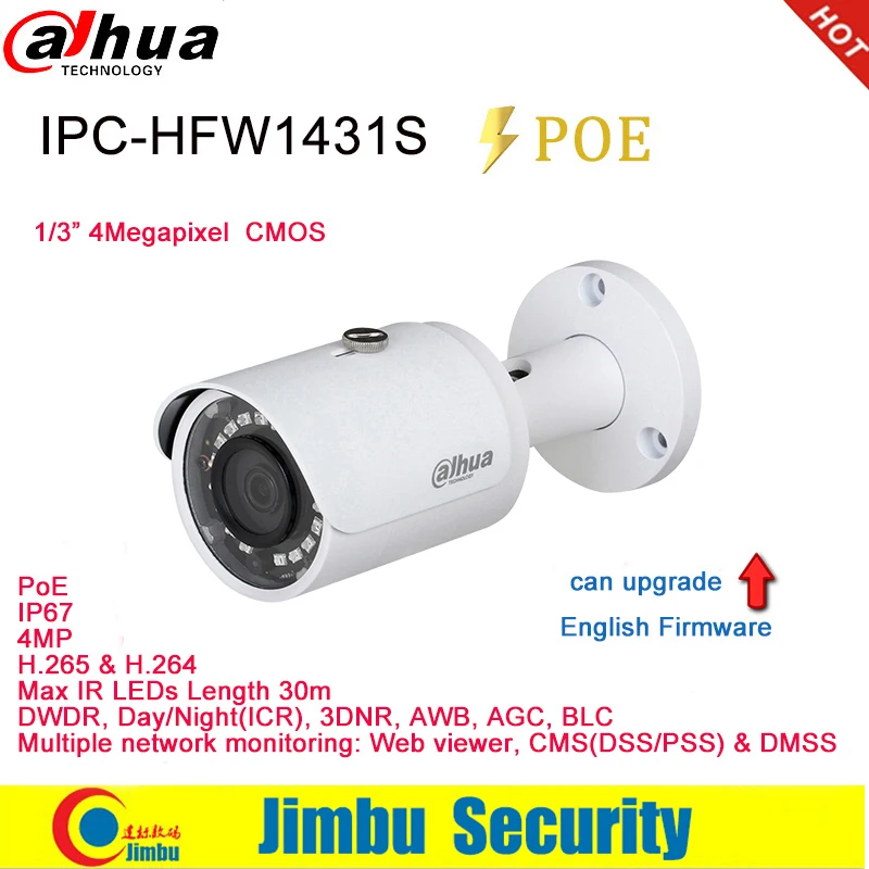 Dahua IP Camera 4MP POE H.265 bullet IPC-HFW1431S IR30m lens3.6mm mini network CCTV camera metal body DWDR ONVIF can upgrade
Dahua IP Camera 4MP POE H.265 bullet IPC-HFW1431S IR30m lens3.6mm mini network CCTV camera metal body DWDR ONVIF can upgrade