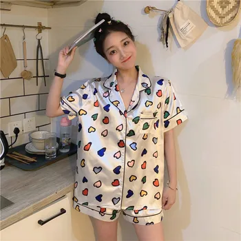 Leaves Loving Heart Pineapple Print Pajamas Faux Silk Satin Short Sleeve Shorts Sleepwear Turn-down Collar Loose Homewear S097
Leaves Loving Heart Pineapple Print Pajamas Faux Silk Satin Short Sleeve Shorts Sleepwear Turn-down Collar Loose Homewear S097