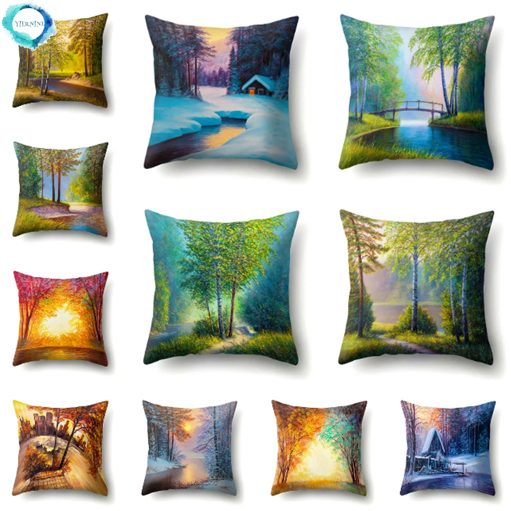 

Four Seasons Scenery Printed Decorative Throw Pillow Case Polyester Snowflake Christmas Cushion Cover for Sofa Fundas De Cojin