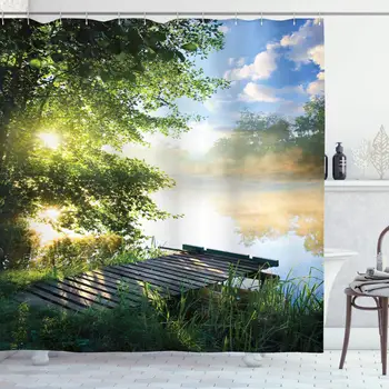 Landscape Shower Curtain, Fishing Pier by River in The Morning with Clouds and Trees Nature Image, Cloth Fabric Bathroom Decor
