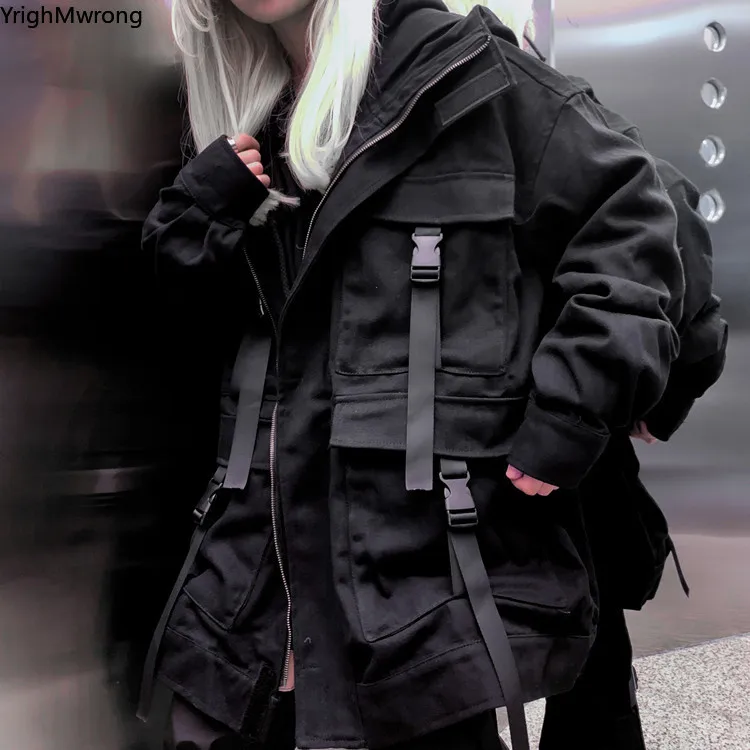Куртка Techwear с капюшоном свободная уличная одежда в стиле панк хип хоп ленточным