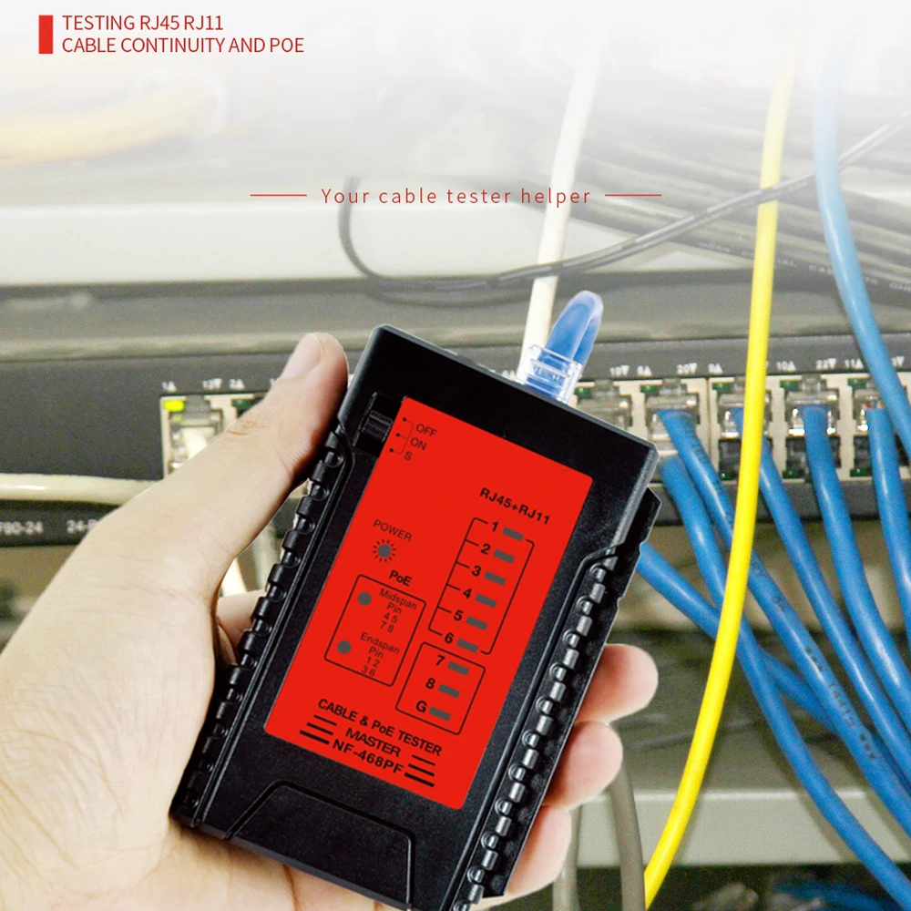 NF-468PF Network Cable Tester RJ45 RJ11 PoE Switch Tester for Ethernet LAN Cable Landline Phone Wire Testing Tool
NF-468PF Network Cable Tester RJ45 RJ11 PoE Switch Tester for Ethernet LAN Cable Landline Phone Wire Testing Tool