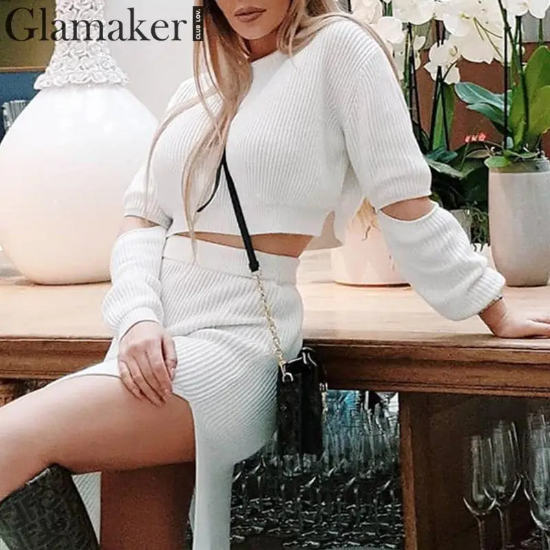 White Elegant Knitted Sweater Midi Suit Two Piece Dress White Elegant Knitted Sweater Midi Suit Two Piece Dress