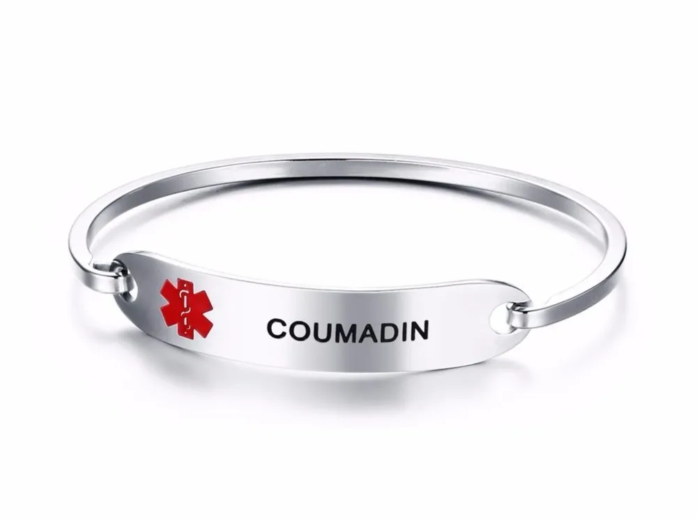 women Stainless Steel Medical Alert ID Bangle Bracelet Silver COUMADIN 11