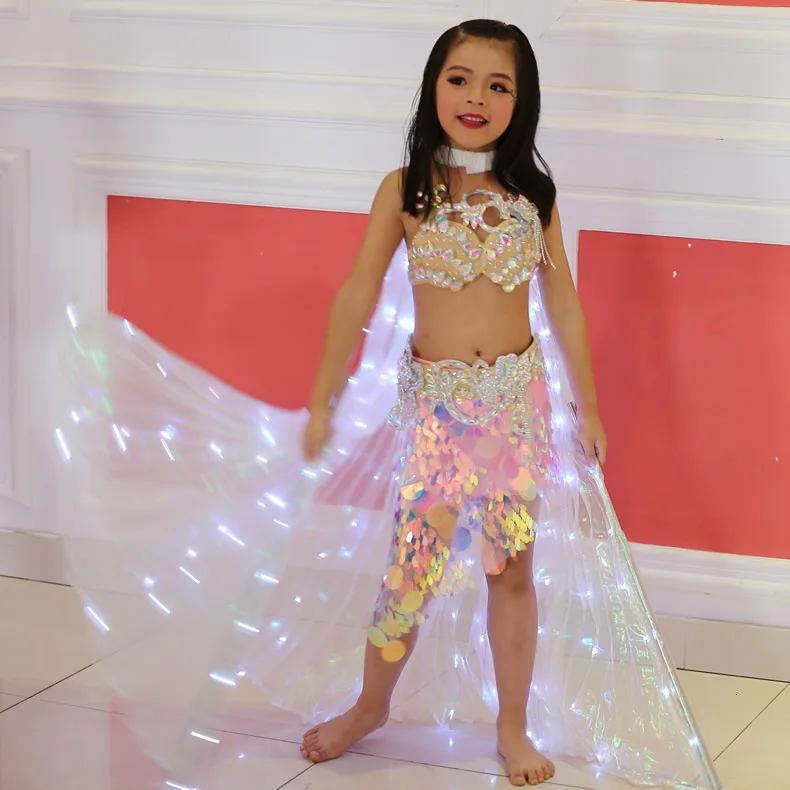 LED Isis Weiß Flügel Mädchen Kinder Bauchtanz Licht Show Kostüm mit Stick Satz 