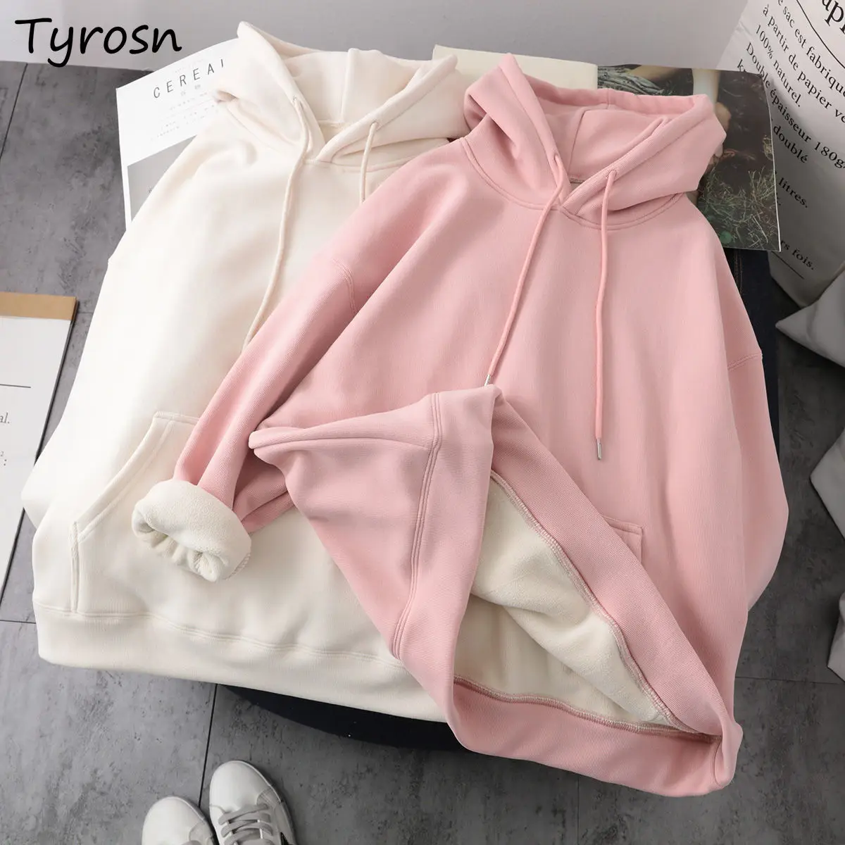 

With Hat Hoodies Women Sweet Solid All-match Loose Long Sleeve Tops Ulzzang Leisure Front Pockets Keep Warm Thicker Sweatshirts