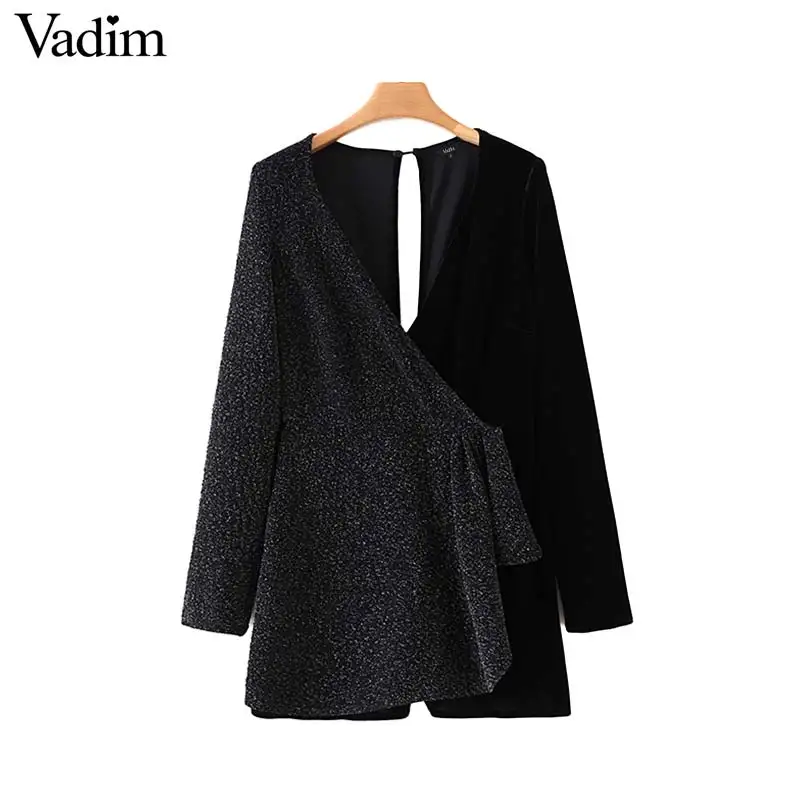 Vadim women sexy velvet patchwork mini playsuits V neck backless long sleeve shiny slim fit party club chic jumpsuits KB206
Vadim women sexy velvet patchwork mini playsuits V neck backless long sleeve shiny slim fit party club chic jumpsuits KB206