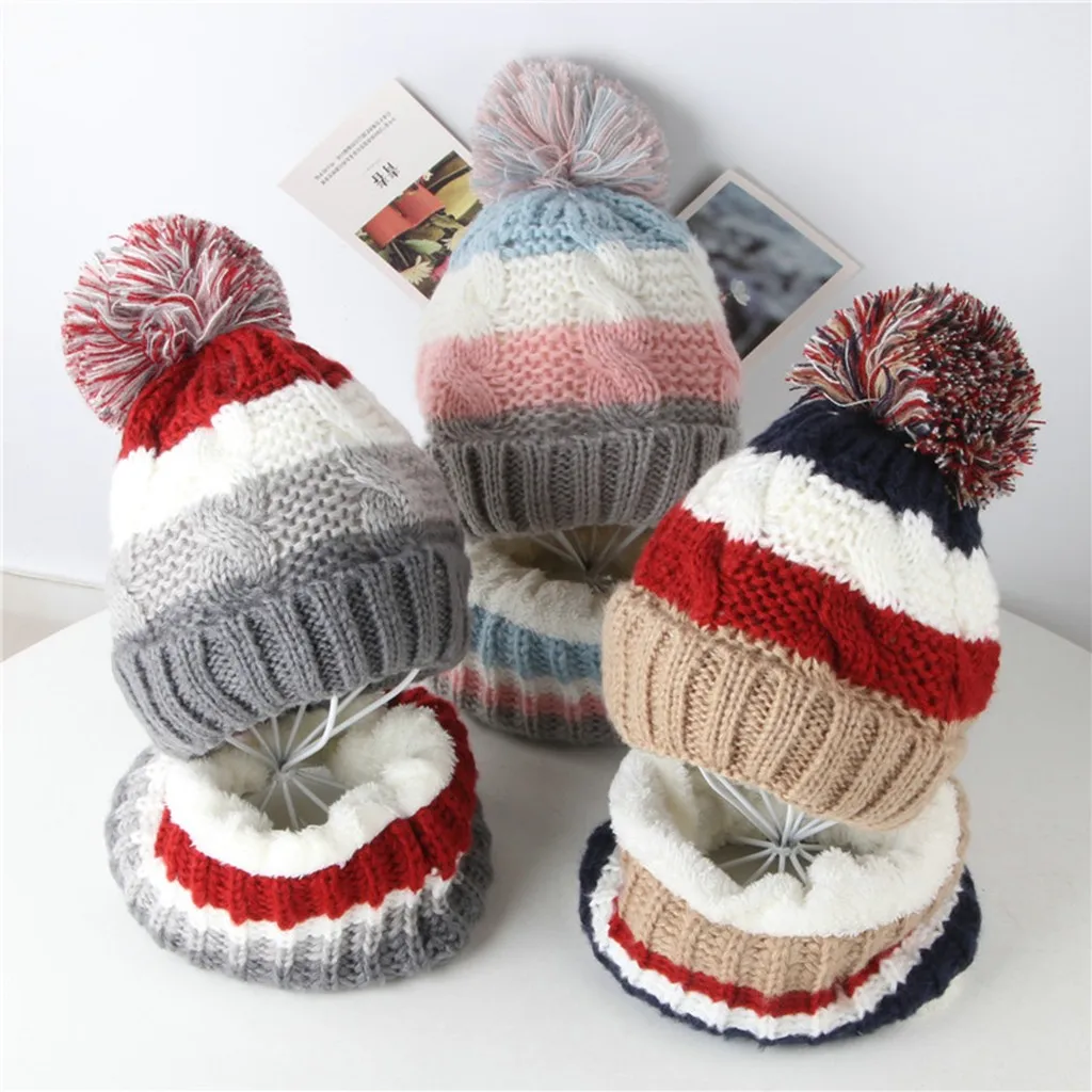 

2pcs winter warm hat kid fleece baby hat Toddler Girl&Boy Baby Splice Casual Crochet Knit Hat Beanie Hairball Cap+Scarf Set Suit