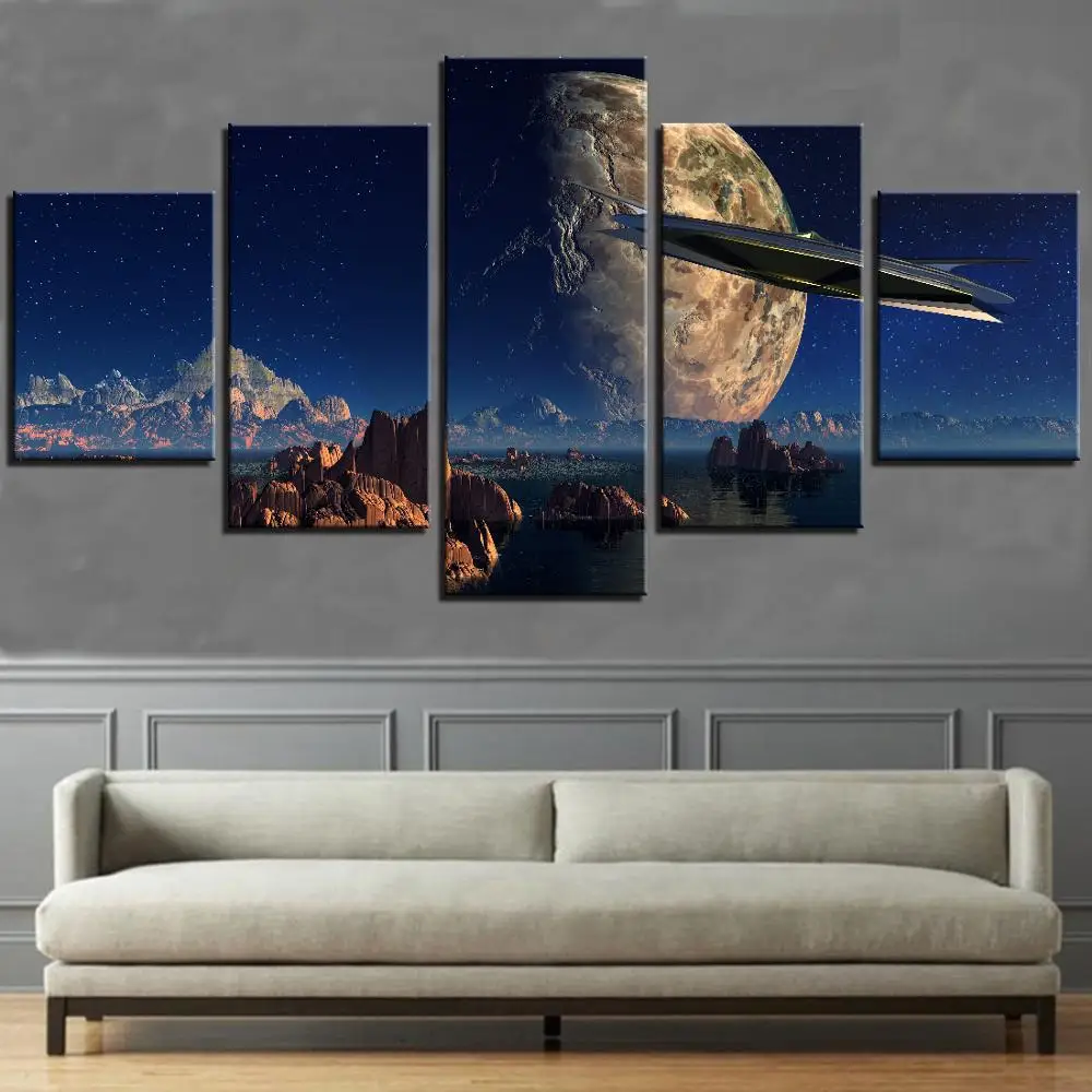 Starry Sky Canvas Painting 5 Pieces Planet and Spacecraft Ship Posters Mountain Landscape Pictures Home Shop Decor Art Furniture | Дом и сад