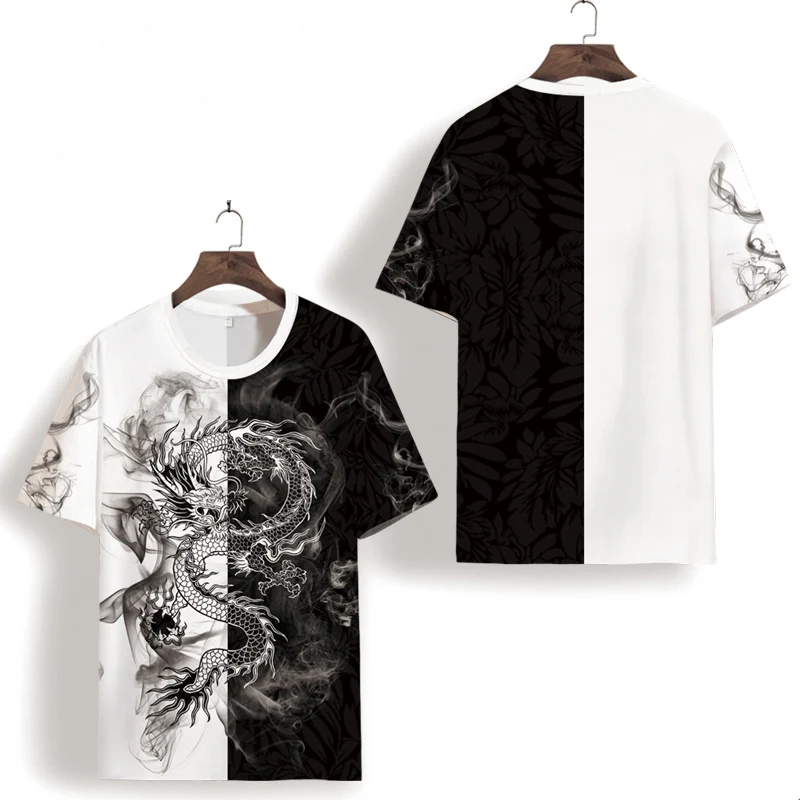 

Chinese Style New Men's Short-Sleeved Casual Ice Silk Dragon Pattern Printing T-Shirt Large Size Tide Brand Summer Thin Top Soft