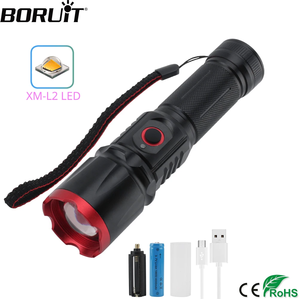 BORUiT W08 LED Flashlight High Power XM-L2 1200lm Torch 4-Mode Zoom 18650 Rechargeable Lantern Waterproof Camping Bicycle Light
BORUiT W08 LED Flashlight High Power XM-L2 1200lm Torch 4-Mode Zoom 18650 Rechargeable Lantern Waterproof Camping Bicycle Light