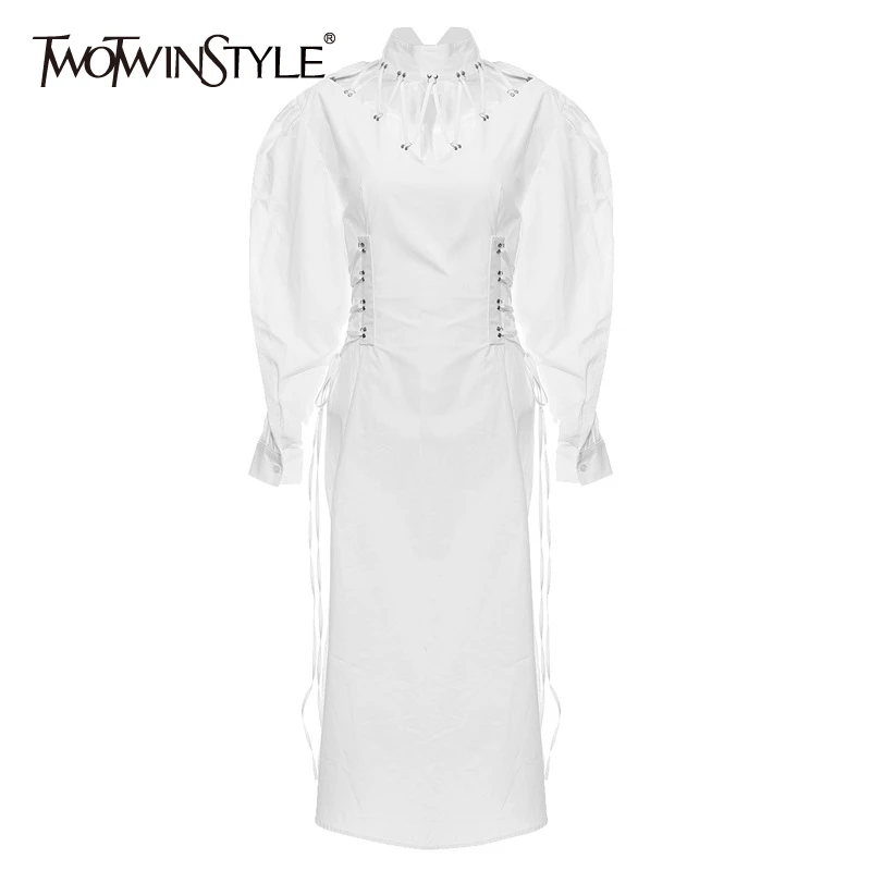 TWOTWINSTYLE Bandage Hollow Out Dresses Female Stand Collar Puff Long Sleeve High Waist Side Split Lace Up Dress Women Clothing
TWOTWINSTYLE Bandage Hollow Out Dresses Female Stand Collar Puff Long Sleeve High Waist Side Split Lace Up Dress Women Clothing