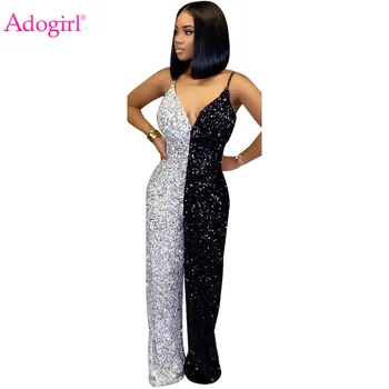 Adogirl Black White Patchwork Sequins Jumpsuit Women Sexy V Neck Adjustable Spaghetti Straps Loose Club Romper Wide Leg Pants 
Adogirl Black White Patchwork Sequins Jumpsuit Women Sexy V Neck Adjustable Spaghetti Straps Loose Club Romper Wide Leg Pants