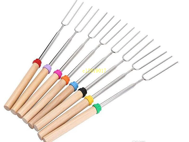 

BBQ Forks Camping Campfire Stainless Steel Campground Lunch Tools Wooden Handle Telescoping Barbecue Roasting Fork Sticks Skewer