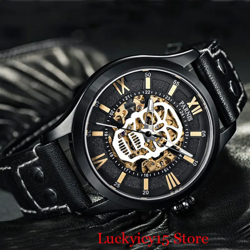 PARNIS Cool Sapphire Glass 45mm 21 Jewels Automatic Men Watch PVD Plated Case Skull Deign Dial Gold Marks
PARNIS Cool Sapphire Glass 45mm 21 Jewels Automatic Men Watch PVD Plated Case Skull Deign Dial Gold Marks