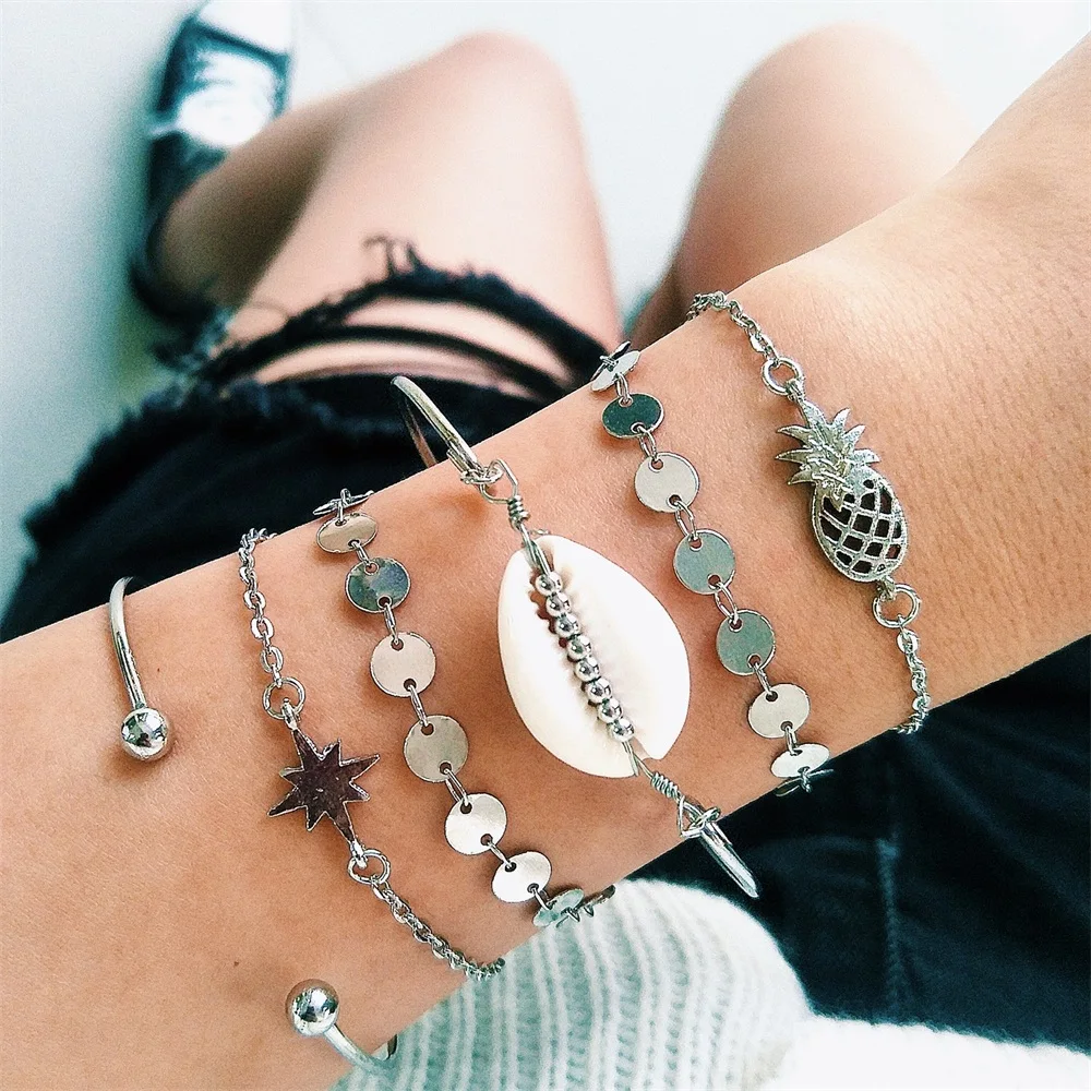 Bohemian Female Bracelets Pineapple Round Shell Sea Anise Star Open Silver Bracelet Set Simple Women Bangle Clothing Accessories
Bohemian Female Bracelets Pineapple Round Shell Sea Anise Star Open Silver Bracelet Set Simple Women Bangle Clothing Accessories