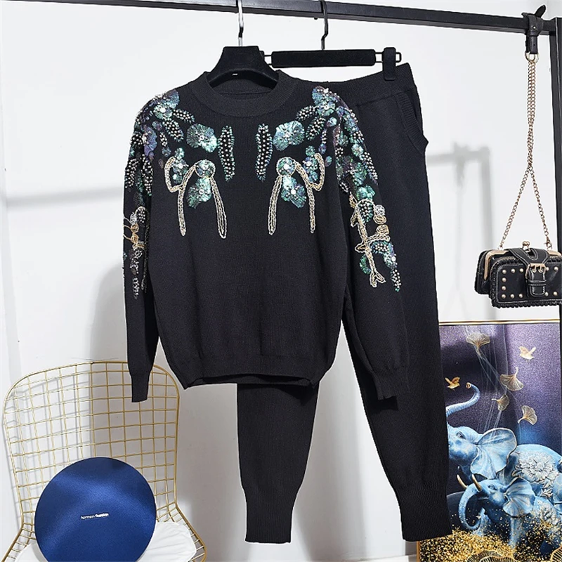 Spring Autumn Tracksuit For Women Sequins Embroidery Long Sleeve Loose Knitted Sweater + Casual Pants Two Piece Set Female Set
Spring Autumn Tracksuit For Women Sequins Embroidery Long Sleeve Loose Knitted Sweater + Casual Pants Two Piece Set Female Set