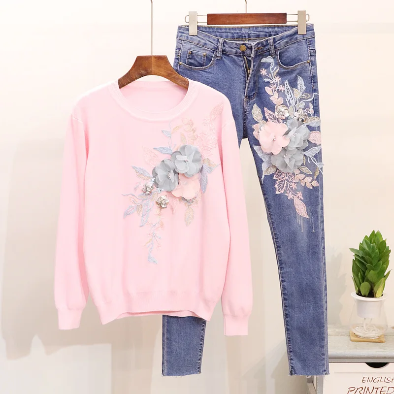 Spring Autumn Women Sequins Flowers Applique Knitted Sweater Slim Jeans Pants Suit Female Two Piece Set Pullover Denim Pants 2pc
Spring Autumn Women Sequins Flowers Applique Knitted Sweater Slim Jeans Pants Suit Female Two Piece Set Pullover Denim Pants 2pc