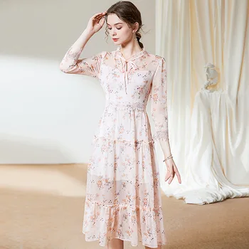 Dresses For Women New Fashion Ruffles Lace Up Bow V Neck Three Quarter Sleeve Slim Elegant A Line Mid Calf Dress Female S-XXL 
Dresses For Women New Fashion Ruffles Lace Up Bow V Neck Three Quarter Sleeve Slim Elegant A Line Mid Calf Dress Female S-XXL