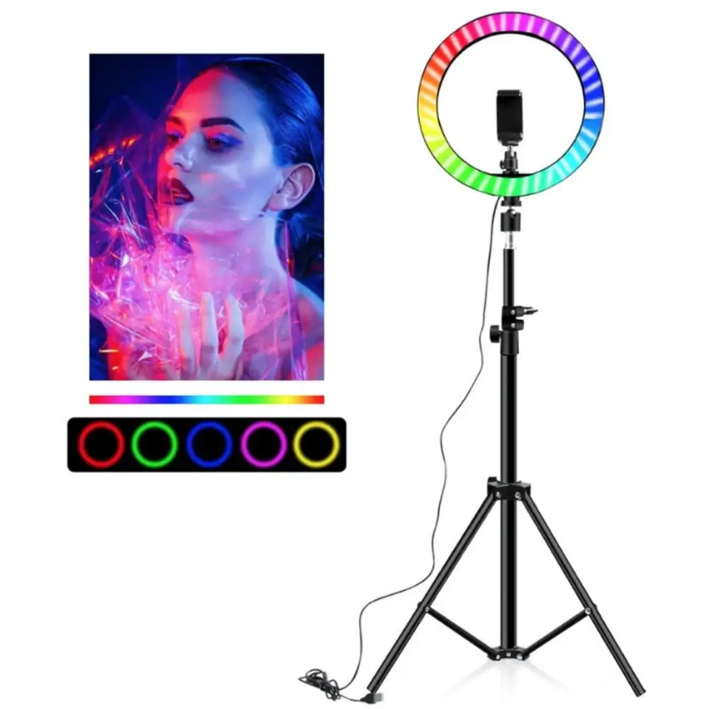 Ring LED lamp color (multicolor) RGB mj33 33 cm with Holder for Smart Phone & tripod 2.1 meters selfie ring light photography led Rim of support