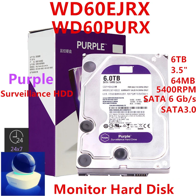 

New Original HDD For WD Purple 6TB 3.5" SATA 64MB 5400RPM For Internal Hard Disk For Surveillance HDD For WD60EJRX WD60PURX