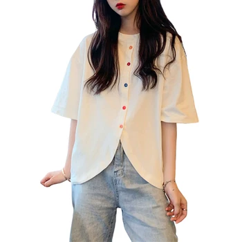 Summer Ladies Short Sleeve Colorful Buttons Loose T-shirt Women Adults Round Neck Top Student Casual Base Shirt Clothes
Summer Ladies Short Sleeve Colorful Buttons Loose T-shirt Women Adults Round Neck Top Student Casual Base Shirt Clothes