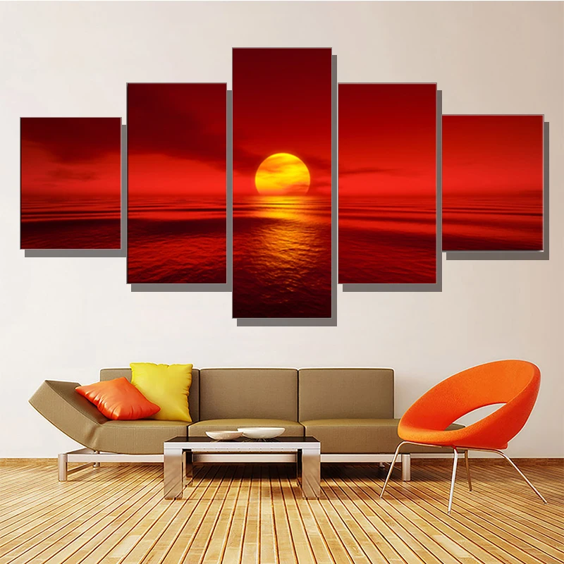 Фото Картины на холсте модульный домашний Декор 5 шт. закат красный солнце море