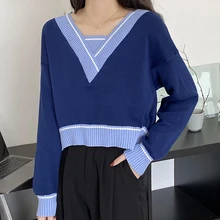 Autumn Crop Sweater Women Casual V Neck Sweaters Long Sleeve Top Clothing Female Pullover Hit Color Knitted Patchwork Jumpers
Autumn Crop Sweater Women Casual V Neck Sweaters Long Sleeve Top Clothing Female Pullover Hit Color Knitted Patchwork Jumpers