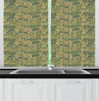 

Olive Green Almond Abstract Kitchen Curtains Surreal Design Pastel Toned Camouflage Inspired Forms Shapes Print Window Drapes