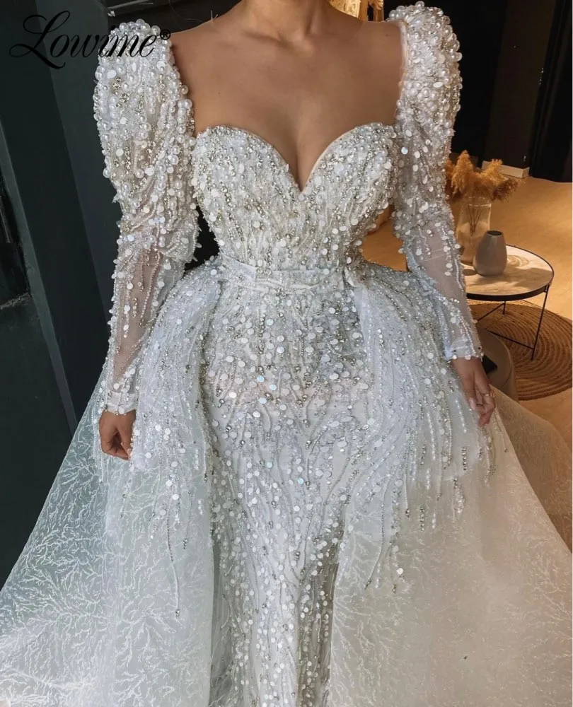 

Lowime Dubai Design Long Luxury Ivory Evening Dresses 2021 Mermaid Pearls Sequins Women Celebrity Dress Muslim Arabic Party Gown