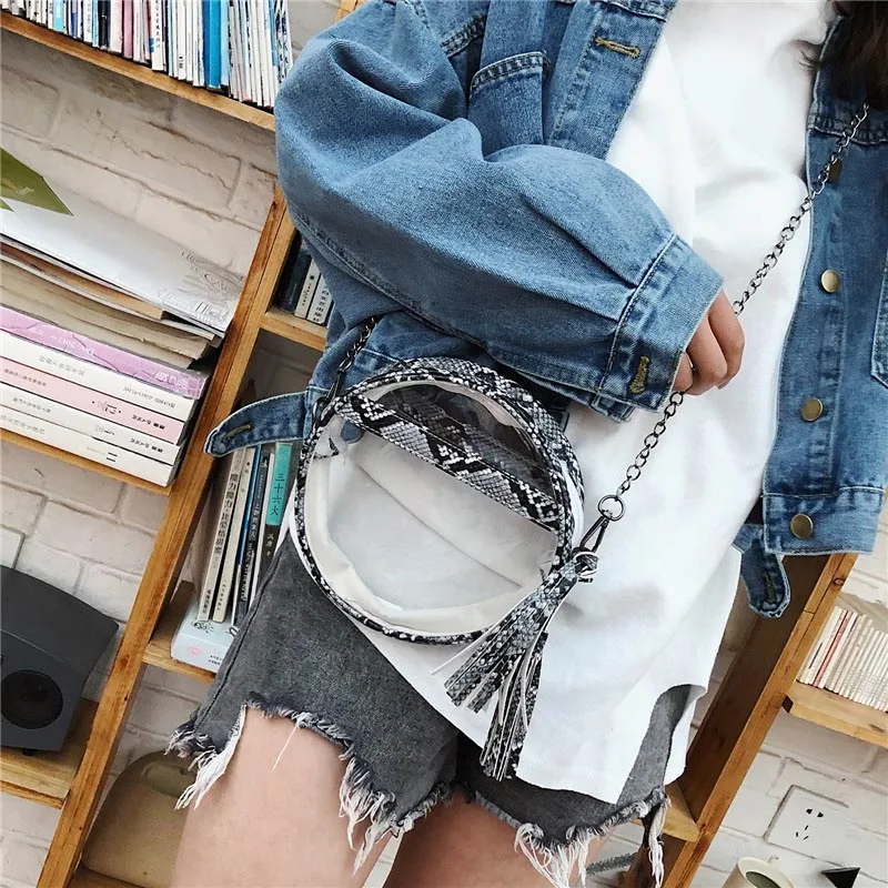 Hot Selling Women Clear Snakinskin Pattern Crossbody Bag Round Transparent Purse Shoulder Handbag with Tassel -B5
Hot Selling Women Clear Snakinskin Pattern Crossbody Bag Round Transparent Purse Shoulder Handbag with Tassel -B5