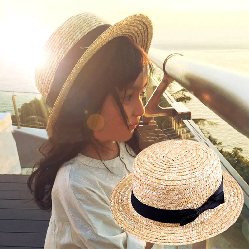 

Cute Child Girls Straw hat Bowknot Sun Hat Kids Large Brim Beach Summer Boater Beach Ribbon Round Flat Top fedora hat