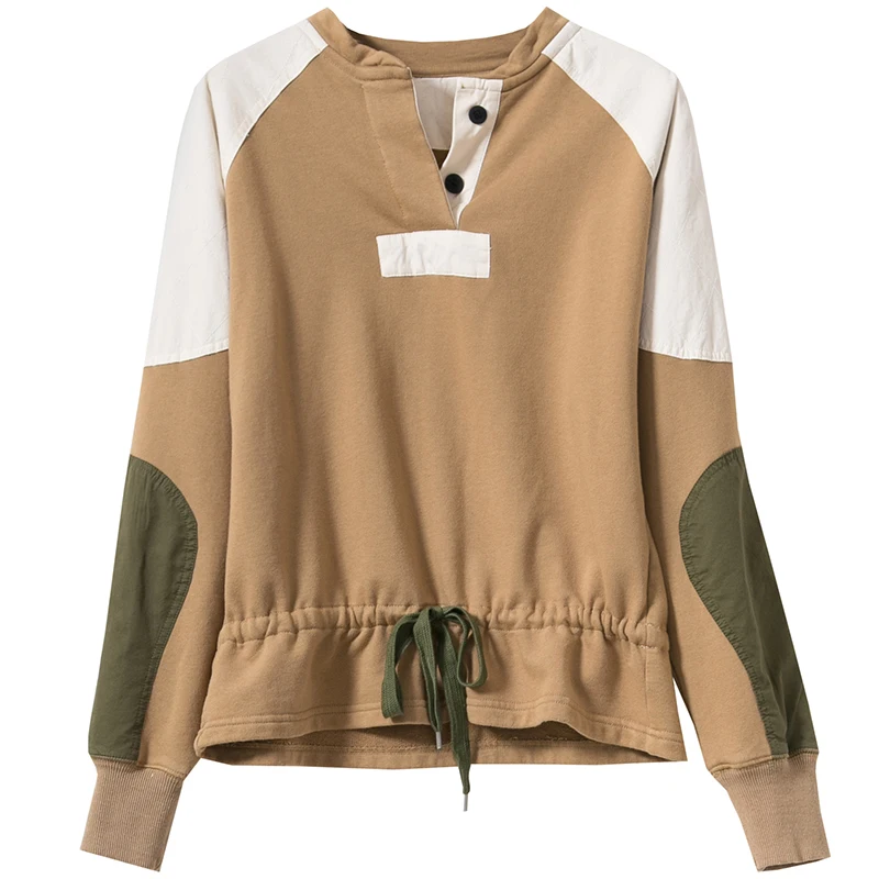 Woman Khaki Contrast Color Patch SWEATSHIRTS Round neck with snap buutton Drawstring Waist Long SLeeves pullover Casual Jersey
Woman Khaki Contrast Color Patch SWEATSHIRTS Round neck with snap buutton Drawstring Waist Long SLeeves pullover Casual Jersey