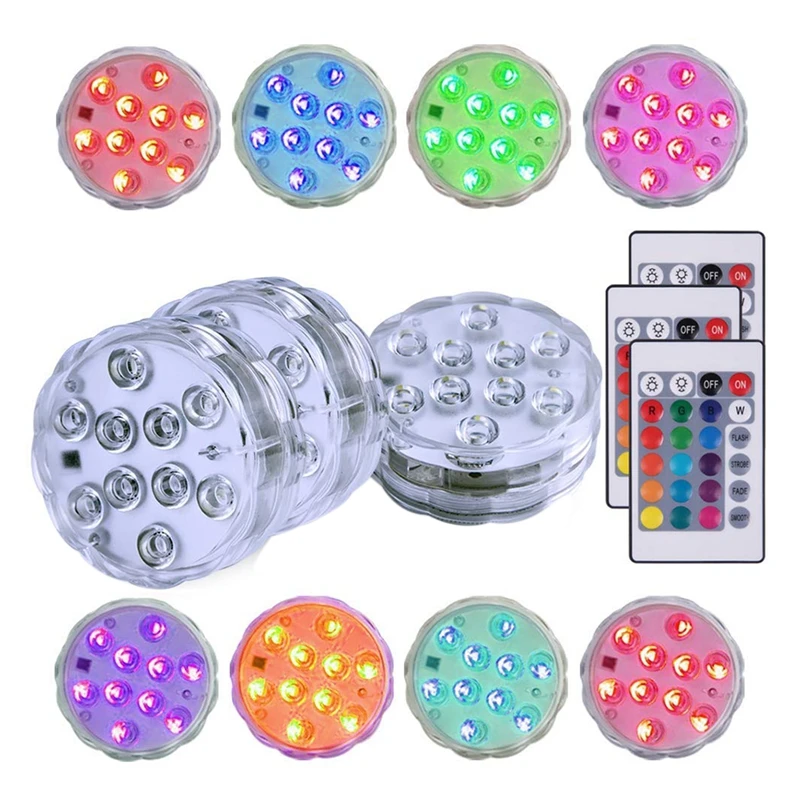 3 Pack Submersible LED Lights with 3x Remote Control Underwater 10-LED RGBW Color Changing Lights Waterproof Battery Operated Li
3 Pack Submersible LED Lights with 3x Remote Control Underwater 10-LED RGBW Color Changing Lights Waterproof Battery Operated Li