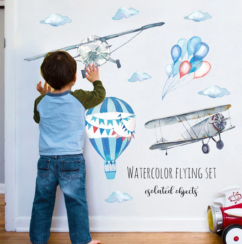 

Watercolor airplane hot air balloon Wall Sticker kids baby rooms home decoration PVC mural decals nursery stickers wallpaper