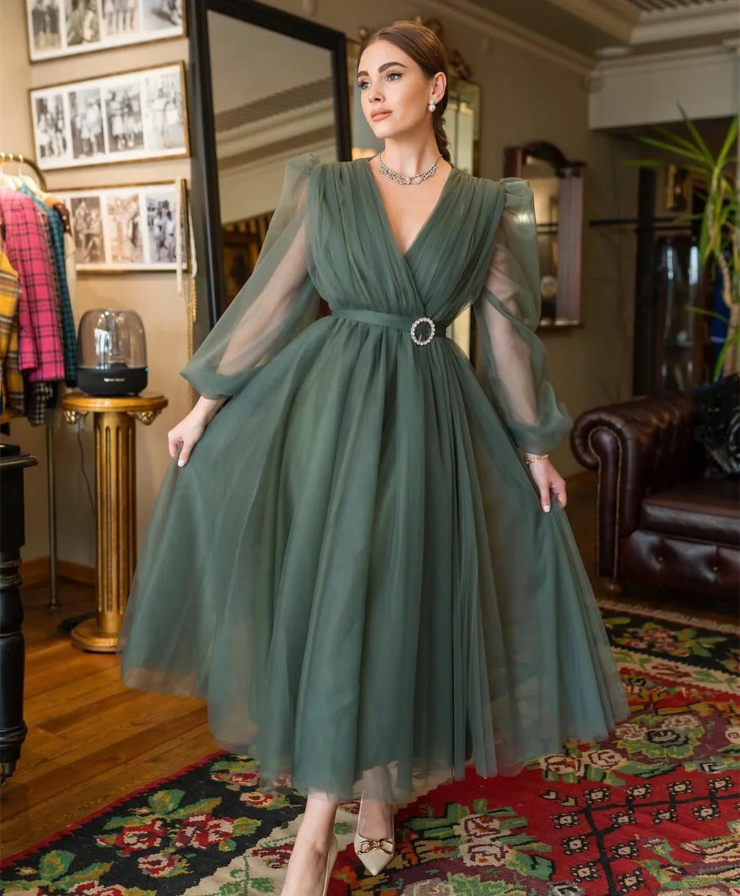 Vintage Long Sleeve Tulle Evening Dresses A-Line V-Neck Blue Prom Gowns Robes de soirée Ankle Length Party Dress Вечерние платья
Vintage Long Sleeve Tulle Evening Dresses A-Line V-Neck Blue Prom Gowns Robes de soirée Ankle Length Party Dress Вечерние платья