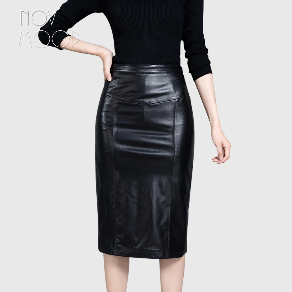 

Novmoop office lady high waist black purple sheepskin genuine leather long hip skirt faldas largas mujer jupe longue LT2858
