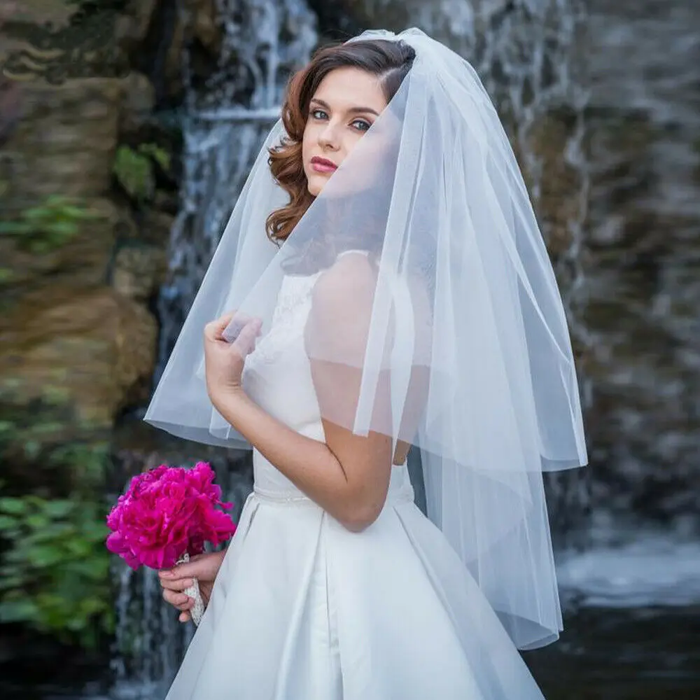

Cut Edge Two Tier White/Ivory Tulle Bridal Veil Fingertip Length Wedding Veils 2024