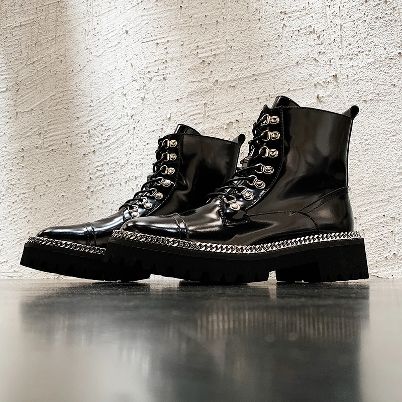 

Black Patent Leather Combat Boots Winter Motorcycle Boots Chain Embellished Shoes Women Ankle Boots