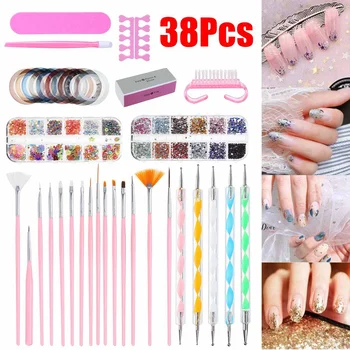 38Pcs Nail Art Kit Professional Nail Artist Tools Set with Nail Art Brush & Dotting Pen & Colorful Rhinestones & Striping Tape
38Pcs Nail Art Kit Professional Nail Artist Tools Set with Nail Art Brush & Dotting Pen & Colorful Rhinestones & Striping Tape