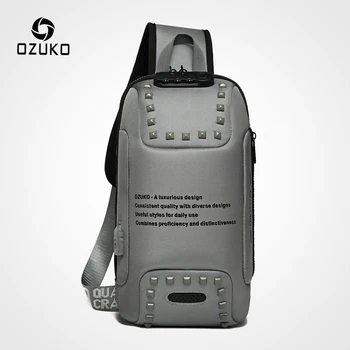 

OZUKO Fashion Short Trip Water Repellent Shoulder Bag Men Rivet Crossbody Bags Anti-theft Messenger Bag USB Charging Chest Packs