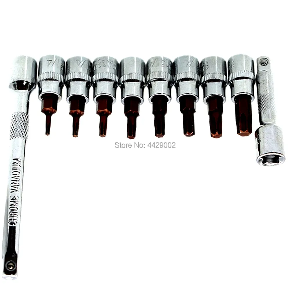 8pcs 1/4" Drive Torx Star Socket Bit Set Sockets Wrench Bits Screwdriver Bit + 2" 4" Socket Bar Extension Set 1/4 inch Drive
8pcs 1/4" Drive Torx Star Socket Bit Set Sockets Wrench Bits Screwdriver Bit + 2" 4" Socket Bar Extension Set 1/4 inch Drive