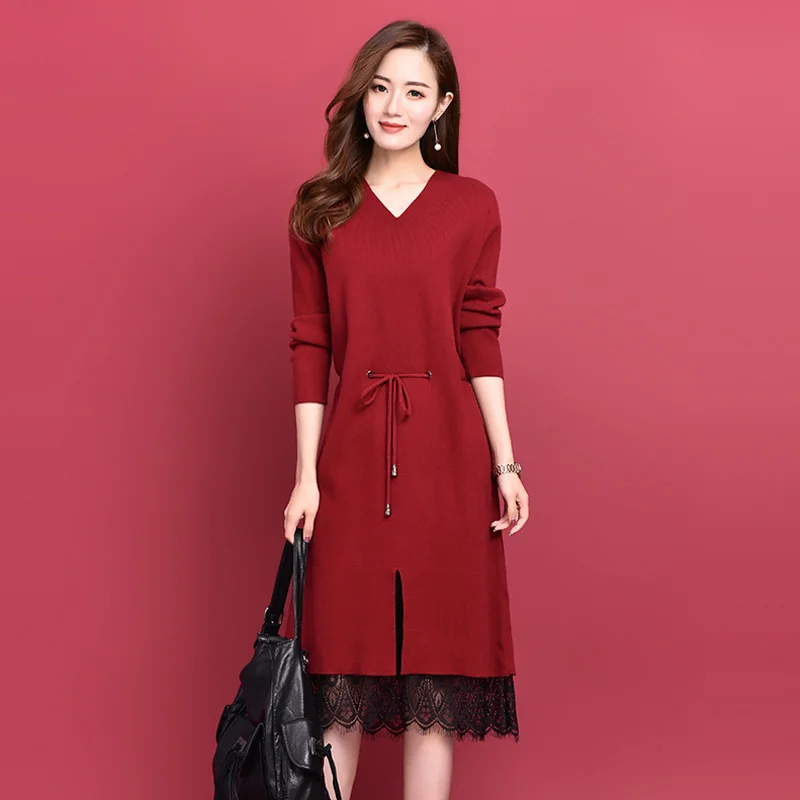 Lace Sweater Dress Women Winter Long Sleeve V Neck Bandage Drawstring Slim Waist Slit Knitted Long Pullovers Christmas Dress
Lace Sweater Dress Women Winter Long Sleeve V Neck Bandage Drawstring Slim Waist Slit Knitted Long Pullovers Christmas Dress
