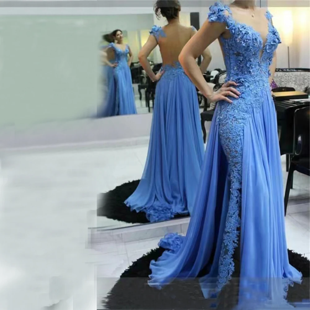 

Blue Lace Applique Pearls Beads Mother Of The Bride Dresses O Neck Back Illusion Slit Evening Party Prom Gown платье вечернее