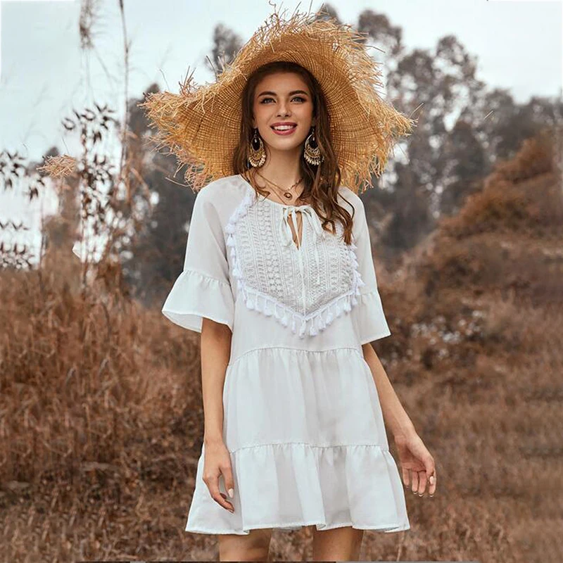 

Women's dress 2020 new spring and summer solid color splicing frill fringe neckline lace flare sleeve dress