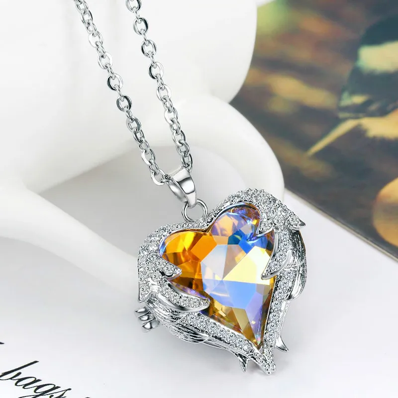 Rainbow Zircon Ms. Necklace Yellow/Blue/Purple Multilayer Color Heart Shape Angel Wings Woman Glamour Jewelry | Украшения и