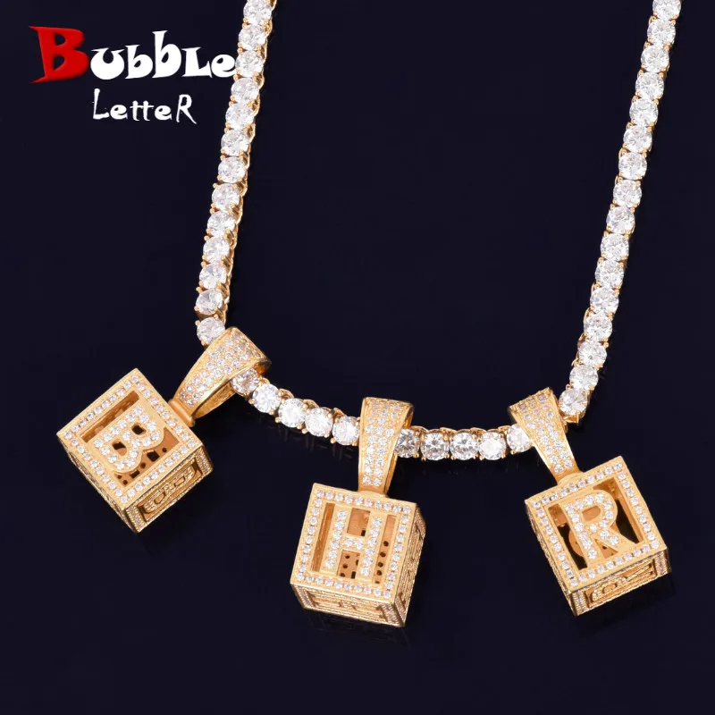 

A-Z Single Stereoscopic Square Letter Pendant With Tennis Chain Necklace Gold Color Cubic Zircon Men Women Hip Hop Rock Jewelry