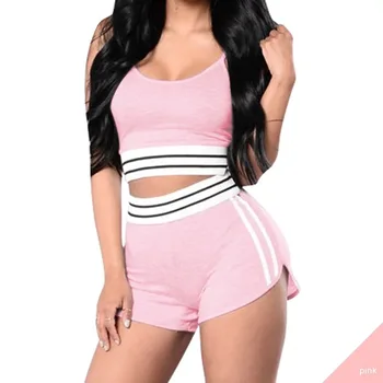 

Women Sweatsuit Two Piece Set 2020 Summer Youth Style O-Neck Vest Sportswear Above Knee Mini Short Pants New Striped Cotton